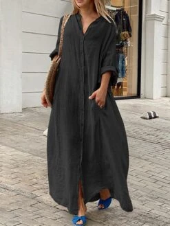 Women's Casual Dress Cotton Linen Dress Black Dress Maxi Long Dress Linen / Cotton Blend Fashion Daily Outdoor Daily Vacation Stand Collar Button Pocket Long Sleeve Fall Autumn 2023 Loose Fit Black -HAYz Clothing Shop aacqia1692947490175