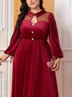 Women's Plus Size Curve Velvet Dress Casual Dress Winter Dress Plain Long Dress Maxi Dress Long Sleeve Mesh Patchwork Shirt Collar Fashion Outdoor Wine Fall Winter L XL XXL 3XL 4XL -HAYz Clothing Shop aadevz1697689394006