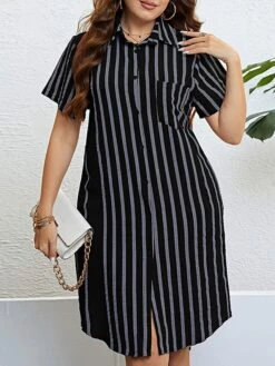 Women‘s Plus Size Curve Shirt Dress Casual Dress Shift Dress Midi Dress Outdoor Daily Vacation Polyester Fashion Modern Shirt Collar Button Pocket Short Sleeve Summer Spring 2023 Regular Fit -HAYz Clothing Shop aafqwv1691465816191