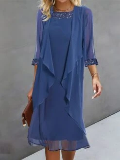 Women's Two Piece Dress Set Casual Dress Chiffon Dress Outdoor Daily Fashion Elegant Patchwork Sequin Midi Dress Crew Neck 3/4 Length Sleeve Plain Regular Fit Navy Blue Fall Winter S M L XL XXL