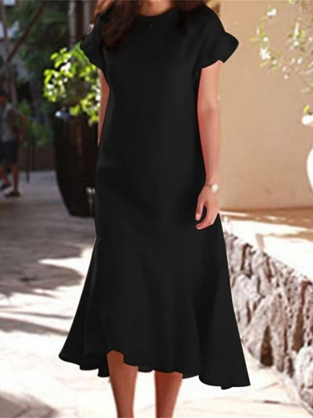 Women's Casual Dress Cotton Linen Dress Sheath Dress Midi Dress Cotton Blend Fashion Modern Outdoor Daily Vacation Crew Neck Ruffle Short Sleeve Summer Spring 2023 Loose Fit Black Pink Blue Plain S M 3 Women's Casual Dress Cotton Linen Dress Sheath Dress Midi Dress Cotton Blend Fashion Modern Outdoor Daily Vacation Crew Neck Ruffle Short Sleeve Summer Spring 2023 Loose Fit Black Pink Blue Plain S M - Image 3