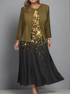 Women's Plus Size Two Piece Dress Set Casual Dress Swing Dress Outdoor Office Fashion Streetwear Print Midi Dress Crew Neck Long Sleeve Ombre Regular Fit Wine Navy Blue Blue Fall Winter L XL XXL 3XL -HAYz Clothing Shop aamwmn1697681151580