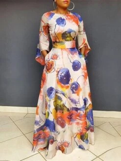 Women‘s Plus Size Curve Holiday Dress Floral Crew Neck Print 3/4 Length Sleeve Fall Spring Elegant Maxi Long Dress Formal Party Dress