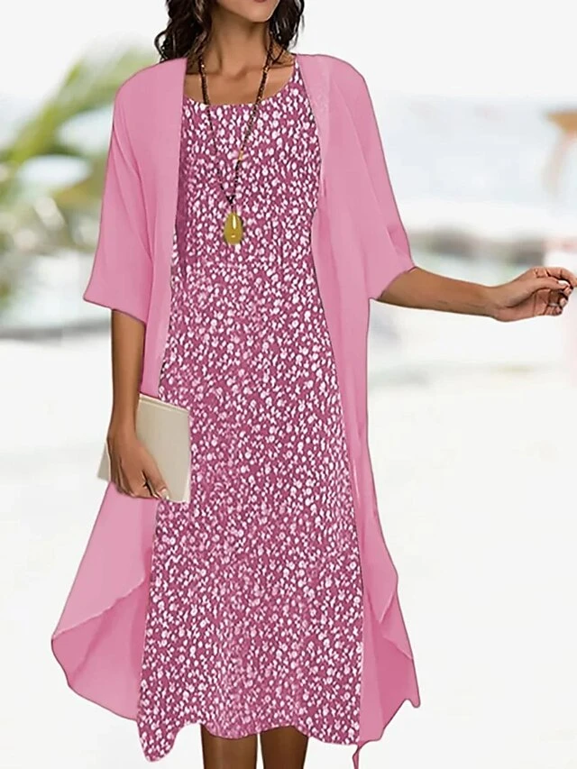 Women's Two Piece Dress Set Casual Dress Floral Dress Outdoor Daily Fashion Elegant Print Midi Dress Crew Neck 3/4 Length Sleeve Floral Regular Fit White Pink Blue Summer Spring S M L XL XXL 2 Women's Two Piece Dress Set Casual Dress Floral Dress Outdoor Daily Fashion Elegant Print Midi Dress Crew Neck 3/4 Length Sleeve Floral Regular Fit White Pink Blue Summer Spring S M L XL XXL - Image 2