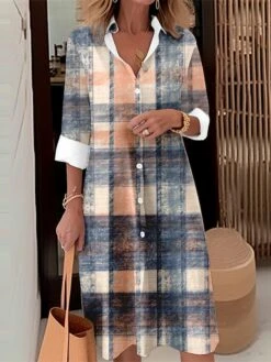 Women's Shirt Dress Casual Dress Midi Dress Outdoor Daily Date Polyester Fashion Modern Shirt Collar Button Pocket Long Sleeve Fall Winter 2023 Loose Fit Royal Blue Blue Green Geometric Plaid Tribal