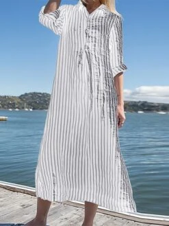 Women's Shirt Dress Casual Dress Cotton Linen Dress Midi Dress Linen / Cotton Blend Modern Casual Outdoor Daily Vacation Shirt Collar Button Print Long Sleeve Summer Spring Fall 2023 Loose Fit Black -HAYz Clothing Shop abezlb1690883195973