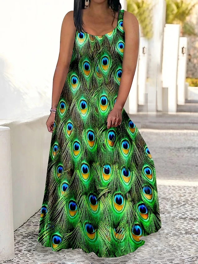 Women‘s Plus Size Curve Casual Dress Swing Dress Strap Dress Peacock Feather Long Dress Maxi Dress Sleeveless Print Strap Romantic Daily Deep Green Multicolor Summer Spring L XL XXL 3XL 4XL 1 Women‘s Plus Size Curve Casual Dress Swing Dress Strap Dress Peacock Feather Long Dress Maxi Dress Sleeveless Print Strap Romantic Daily Deep Green Multicolor Summer Spring L XL XXL 3XL 4XL