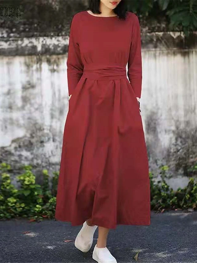 Women's Casual Dress Cotton Linen Dress Midi Dress Cotton Basic Classic Outdoor Daily Vacation Crew Neck Lace Up Pocket 3/4 Length Sleeve Spring Fall Autumn 2023 Loose Fit Black Red Navy Blue Plain S 2 Women's Casual Dress Cotton Linen Dress Midi Dress Cotton Basic Classic Outdoor Daily Vacation Crew Neck Lace Up Pocket 3/4 Length Sleeve Spring Fall Autumn 2023 Loose Fit Black Red Navy Blue Plain S - Image 2