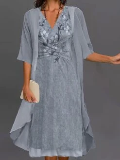 Women's Two Piece Dress Set Casual Dress Print Dress Outdoor Daily Fashion Streetwear Knot Front Print Midi Dress V Neck Half Sleeve Floral Regular Fit Gray Summer Spring S M L XL XXL