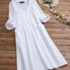 Women's Casual Dress Cotton Linen Dress Swing Dress Midi Dress Cotton Blend Basic Casual Outdoor Daily Vacation V Neck Pocket Long Sleeve Summer Spring Fall 2023 Loose Fit White Blue Plain M L XL 2XL