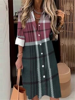 Women's Shirt Dress Casual Dress Midi Dress Outdoor Office Daily Polyester Fashion Modern Shirt Collar Button Pocket Long Sleeve Fall Winter 2023 Loose Fit Pink Brown Gray Plaid S M L XL 2XL -HAYz Clothing Shop achdwj1695027657440