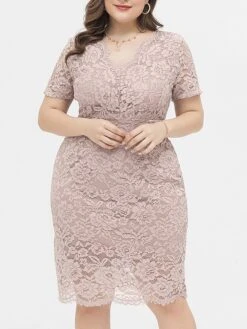 Women's Plus Size Curve Party Dress Lace Dress Cocktail Dress Midi Dress Black Pink Wine Short Sleeve Pure Color Lace Summer Spring Fall V Neck Fashion Birthday Wedding Guest Vacation XL XXL 3XL 4XL -HAYz Clothing Shop aclbtc1692165632469