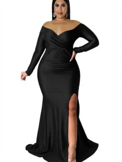Women‘s Plus Size Curve Party Dress Sheath Dress Swing Dress Solid Color Long Dress Maxi Dress Long Sleeve Split Off Shoulder Fashion Party Black White Winter Fall L XL 3XL 4XL -HAYz Clothing Shop acpeep1672800964205
