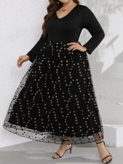Women‘s Plus Size Curve Party Dress Swing Dress Black Dress Long Dress Maxi Dress Black Long Sleeve Polka Dot Mesh Summer Spring Fall V Neck Fashion Winter Dress Birthday Evening Party 2023