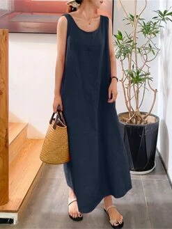 Women's Cotton Linen Dress Casual Dress Shift Dress Maxi Long Dress Cotton Blend Basic Casual Daily Holiday Vacation Crew Neck Pocket Sleeveless Summer Spring 2023 Loose Fit Yellow Pink Red Pure Color
