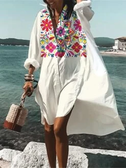 Women's Shirt Dress Casual Dress Swing Dress Mini Dress Outdoor Daily Vacation Polyester Fashion Casual Shirt Collar Button Print Long Sleeve Summer Spring Fall 2023 Loose Fit Black Red Blue Floral -HAYz Clothing Shop actwid1682662744736