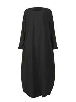 Women's Casual Dress Cotton Linen Dress Abaya Maxi Long Dress Linen / Cotton Blend Classic Casual Outdoor Daily Vacation Crew Neck Pocket Split Long Sleeve Spring Fall Winter 2023 Loose Fit ArmyGreen -HAYz Clothing Shop acyhwm1692340973652