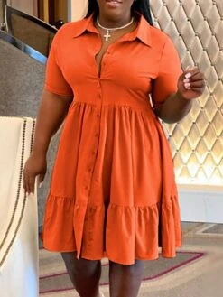 Women‘s Plus Size Curve Shirt Dress Solid Color Shirt Collar Ruffle Half Sleeve Spring Summer Casual Knee Length Dress Daily Holiday Dress -HAYz Clothing Shop adetaw1656491037773