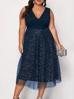 Women‘s Plus Size Curve Party Dress Solid Color V Neck Mesh Sleeveless Spring Fall Elegant Sexy Sequins Prom Dress Midi Dress Formal Party Dress Sequin Dress Homecoming Dress Print