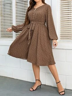 Women's Plus Size Party Dress Wedding Guest Dress Swing Dress Midi Dress Khaki Long Sleeve Dot Button Spring Fall Winter V Neck Fashion Winter Dress Evening Party Wedding Guest 2023 XL XXL 3XL 4XL