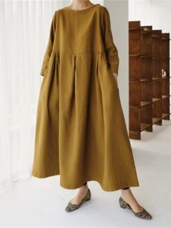 Women's Casual Dress Cotton Linen Dress Swing Dress Maxi Long Dress Linen / Cotton Blend Casual Daily Casual Outdoor Daily Vacation Crew Neck Pocket Long Sleeve Summer Spring Fall 2023 Loose Fit -HAYz Clothing Shop adnrlz1689933262509