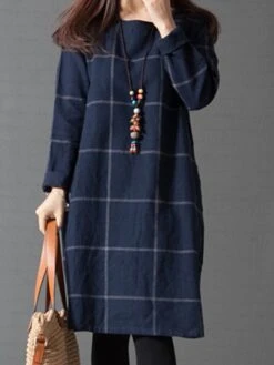 Women's Casual Dress Cotton Linen Dress Plaid Dress Midi Dress Polyester Basic Classic Outdoor Daily Vacation Crew Neck Pocket Print Long Sleeve Fall Winter Autumn 2023 Loose Fit Navy Blue Plaid L XL 14 Women's Casual Dress Cotton Linen Dress Plaid Dress Midi Dress Polyester Basic Classic Outdoor Daily Vacation Crew Neck Pocket Print Long Sleeve Fall Winter Autumn 2023 Loose Fit Navy Blue Plaid L XL -HAYz Clothing Shop adqdcu1693475208745