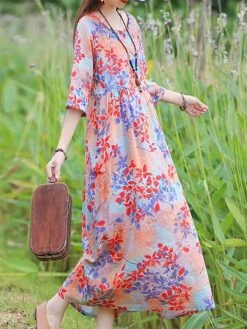 Women's Casual Dress Cotton Linen Dress Swing Dress Midi Dress Linen / Cotton Blend Sweet Style Modern Outdoor Daily Holiday Crew Neck Print 3/4 Length Sleeve Fall Winter Autumn 2023 Loose Fit Yellow -HAYz Clothing Shop adsltn1693553156168