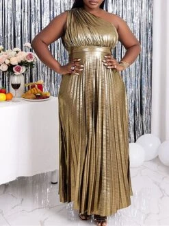 Women's Plus Size Curve Party Dress Swing Dress Evening Gown Plain Long Dress Maxi Dress Sleeveless Pleated Backless One Shoulder Fashion Party Gold Spring Fall XL XXL 3XL 4XL -HAYz Clothing Shop adtcyb1694151482957