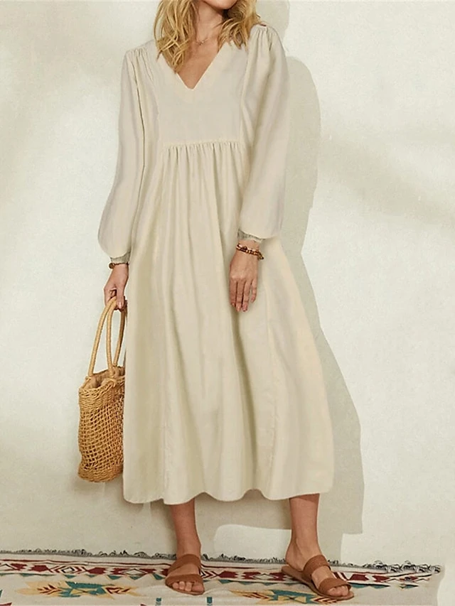 Women's Casual Dress Cotton Linen Dress Midi Dress Cotton Basic Classic Outdoor Daily Vacation V Neck Ruched Long Sleeve Summer Spring Fall 2023 Loose Fit Black White Navy Blue Plain M L XL 2XL 3XL 2 Women's Casual Dress Cotton Linen Dress Midi Dress Cotton Basic Classic Outdoor Daily Vacation V Neck Ruched Long Sleeve Summer Spring Fall 2023 Loose Fit Black White Navy Blue Plain M L XL 2XL 3XL - Image 2