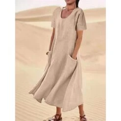 Women's Casual Dress Cotton Linen Dress Swing Dress Maxi Long Dress Linen Cotton Blend Fashion Classic Outdoor Daily Vacation Crew Neck Pocket Short Sleeve Summer Spring 2023 Loose Fit Black Pink Sky