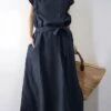 Women's Casual Dress Cotton Linen Dress Swing Dress Maxi Long Dress Cotton Blend Casual Boho Outdoor Daily Holiday Boat Neck Lace Up Pocket Short Sleeve Summer Spring 2023 Loose Fit Black Green Dark