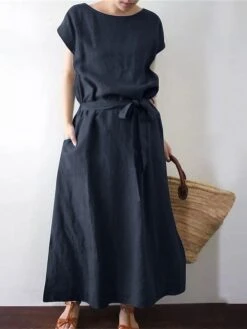 Women's Casual Dress Cotton Linen Dress Swing Dress Maxi Long Dress Cotton Blend Casual Boho Outdoor Daily Holiday Boat Neck Lace Up Pocket Short Sleeve Summer Spring 2023 Loose Fit Black Green Dark