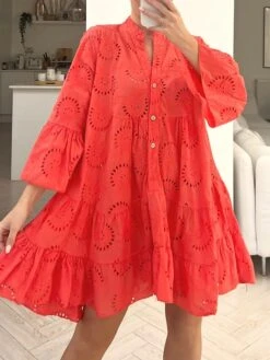 Women's Shirt Dress Casual Dress Mini Dress Outdoor Daily Date Cotton Basic Classic V Neck Button Long Sleeve Spring Fall Winter 2023 Loose Fit Yellow Pink Red Pure Color S M L XL 2XL -HAYz Clothing Shop adxpxu1694576759175