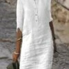Women‘s Casual Dress Shirt Dress Cotton Linen Dress Shift Dress Midi Dress Bamboo Fashion Basic Outdoor Daily Vacation Crew Neck Button 3/4 Length Sleeve Summer Spring Fall 2023 Loose Fit White