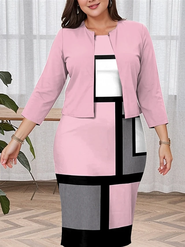 Women's Plus Size Curve Casual Dress Dress Set Two Piece Dress Geometric Plaid Midi Dress Long Sleeve Print Crew Neck Fashion Outdoor Pink Fall Winter L XL XXL 3XL 4XL 2 Women's Plus Size Curve Casual Dress Dress Set Two Piece Dress Geometric Plaid Midi Dress Long Sleeve Print Crew Neck Fashion Outdoor Pink Fall Winter L XL XXL 3XL 4XL - Image 2