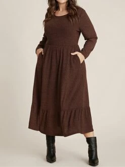 Women's Plus Size Curve Sweater Dress Winter Dress Casual Dress Plain Midi Dress Long Sleeve Ruffle Pocket Crew Neck Fashion Outdoor Coffee Fall Winter L XL 2XL 3XL 4XL -HAYz Clothing Shop aejqpi1697164795867
