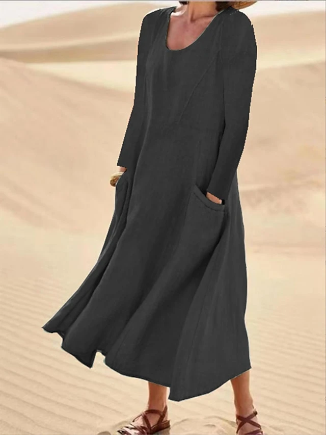 Women's Casual Dress Cotton Linen Dress Swing Dress Maxi Long Dress Linen Cotton Blend Classic Casual Winter Dress Daily Weekend Crew Neck Pocket Long Sleeve Summer Spring Fall 2023 Loose Fit Black 1 Women's Casual Dress Cotton Linen Dress Swing Dress Maxi Long Dress Linen Cotton Blend Classic Casual Winter Dress Daily Weekend Crew Neck Pocket Long Sleeve Summer Spring Fall 2023 Loose Fit Black