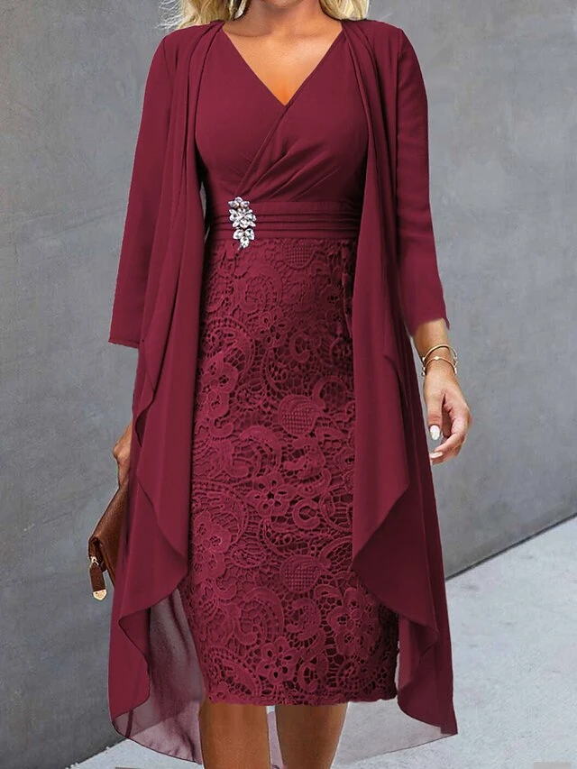 Women's Two Piece Dress Set Casual Dress Lace Dress Outdoor Daily Fashion Elegant Lace Patchwork Midi Dress V Neck Long Sleeve Plain Regular Fit Wine Blue Sky Blue Fall Winter S M L XL XXL 7 Women's Two Piece Dress Set Casual Dress Lace Dress Outdoor Daily Fashion Elegant Lace Patchwork Midi Dress V Neck Long Sleeve Plain Regular Fit Wine Blue Sky Blue Fall Winter S M L XL XXL - Image 7