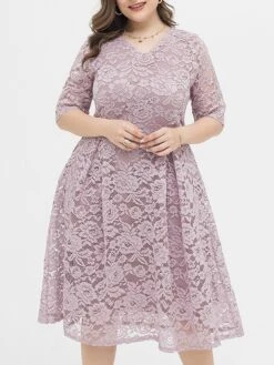 Women‘s Plus Size Curve Party Dress Lace Dress Cocktail Dress Midi Dress Black Pink Wine Half Sleeve Pure Color Lace Summer Spring Fall V Neck Fashion Birthday Wedding Guest Vacation 2023 -HAYz Clothing Shop aeyrpm1691564484595