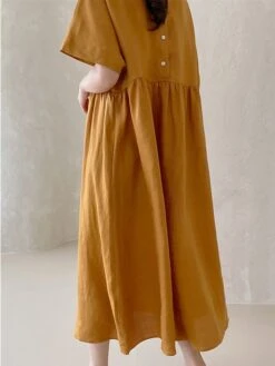 Women's Casual Dress Cotton Linen Dress Tiered Dress Maxi Long Dress Linen / Cotton Blend Daily Casual Outdoor Home Daily Crew Neck Pocket Short Sleeve Summer Spring 2023 Loose Fit Yellow Pink Plain -HAYz Clothing Shop afcble1689933424894