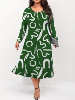 Women's Plus Size Curve Casual Dress Skater Dress A Line Dress Letter Midi Dress Long Sleeve Print Crew Neck Fashion Outdoor Blue Green Fall Winter L XL XXL 3XL 4XL -HAYz Clothing Shop agchny1695191648343