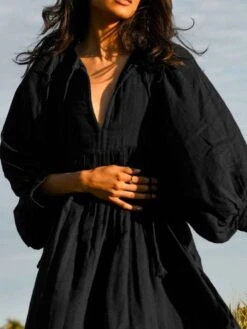 Women's Casual Dress Cotton Linen Dress Shift Dress Midi Dress Cotton Fashion Traditional / Vintage Outdoor Daily Vacation Crew Neck Ruched 3/4 Length Sleeve Fall Winter Autumn 2023 Loose Fit Black -HAYz Clothing Shop aglvbm1694573537750