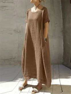 Women's Cotton Linen Dress Casual Dress Maxi Long Dress Cotton Blend Casual Outdoor Daily Vacation Crew Neck Pocket Short Sleeve Summer Spring 2023 Loose Fit Navy Blue Camel Brown Pure Color S M L XL -HAYz Clothing Shop agmcbi1681380586176