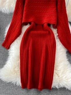 Women's Two Piece Dress Set Casual Dress Sheath Dress Outdoor Daily Fashion Streetwear Ruched Midi Dress Crew Neck Long Sleeve Plain Loose Fit Black White Wine Fall Winter One-Size -HAYz Clothing Shop agqpyg1694057144144