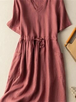 Women's Casual Dress Cotton Linen Dress A Line Dress Midi Dress Cotton Blend Basic Casual Outdoor Vacation Shirt Collar Pocket Short Sleeve Summer Spring 2023 Regular Fit Red Green Gray Plain M L XL -HAYz Clothing Shop agwwtu1682673454631