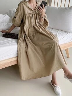Women's Casual Dress Cotton Linen Dress Swing Dress Maxi Long Dress Linen / Cotton Blend Fashion Basic Outdoor Daily Vacation Hooded Ruched Pocket Long Sleeve Fall Winter Autumn 2023 Loose Fit Black -HAYz Clothing Shop ahhjtw1693553159252