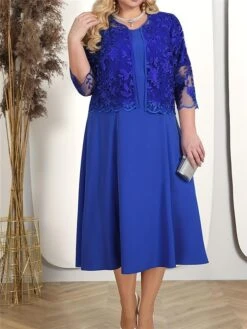 Women's Plus Size Curve Two Piece Dress Set Party Dress Lace Dress Party Wedding Guest Fashion Elegant Lace Embroidered Long Dress Maxi Dress Crew Neck 3/4 Length Sleeve Plain Pink Blue Spring -HAYz Clothing Shop ahifap1692179470694