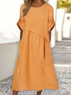 Women's Casual Dress Cotton Linen Dress A Line Dress Midi Dress Cotton Blend Basic Modern Outdoor Daily Vacation Crew Neck Ruched Patchwork Short Sleeve Summer Spring 2023 Loose Fit Orange Plain S M