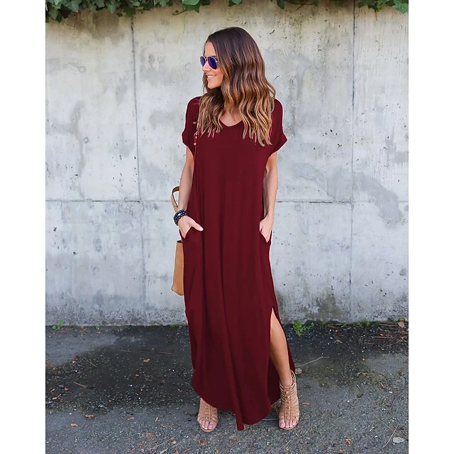 Women's T Shirt Dress Tee Dress Long Dress Maxi Dress Wine Red Green Black Short Sleeve Pure Color Pocket Spring Summer V Neck S M L XL 2XL 3XL 4XL 5XL 6 Women's T Shirt Dress Tee Dress Long Dress Maxi Dress Wine Red Green Black Short Sleeve Pure Color Pocket Spring Summer V Neck S M L XL 2XL 3XL 4XL 5XL - Image 6