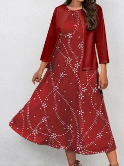 Women's Two Piece Dress Set Casual Dress Swing Dress Outdoor Office Fashion Streetwear Print Midi Dress Crew Neck 3/4 Length Sleeve Floral Regular Fit Wine Blue Fall Winter S M L XL XXL